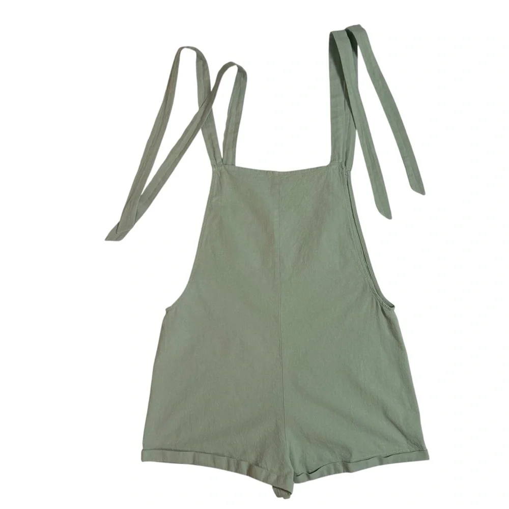 SHEIN Women Cotton Bib Shortalls Romper Sage Green Tie Strap Pockets
